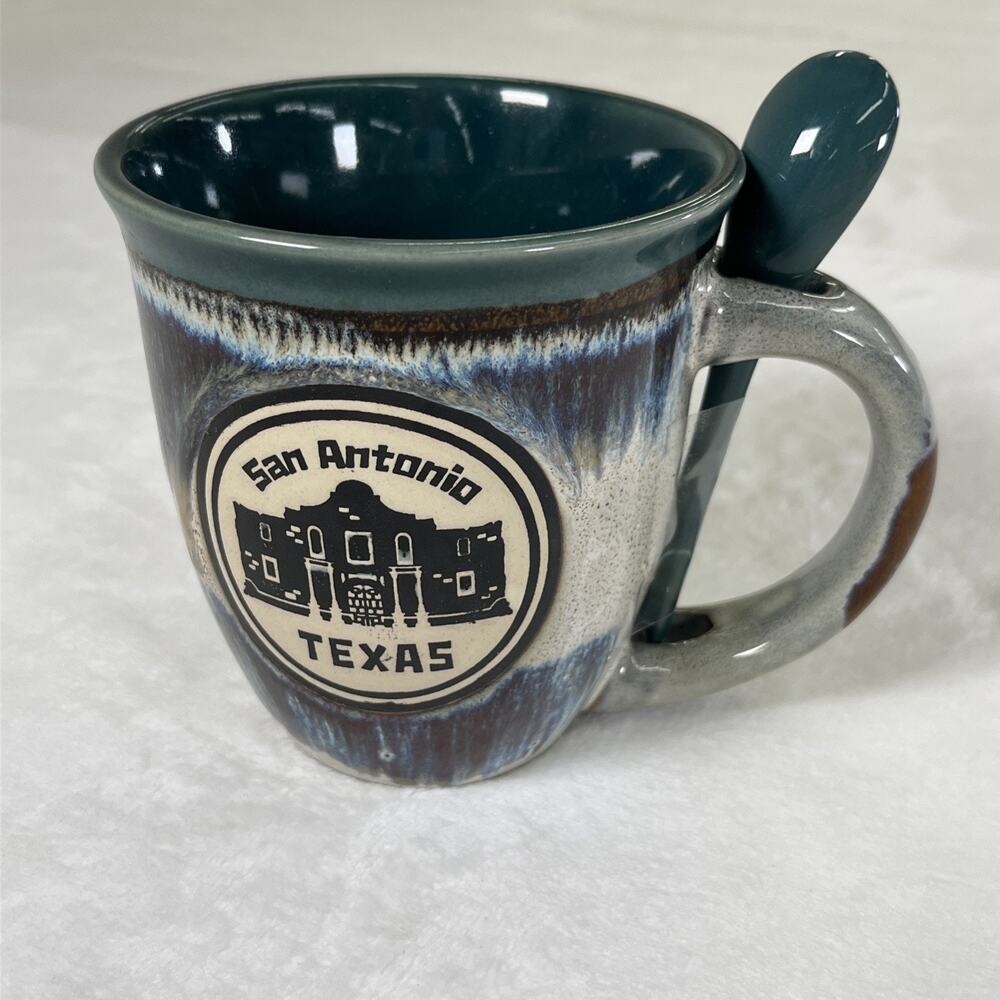Large San Antonio Texas Coffee Mug Cup w/Spoon Souvenir Stoneware PCF Souvenirs